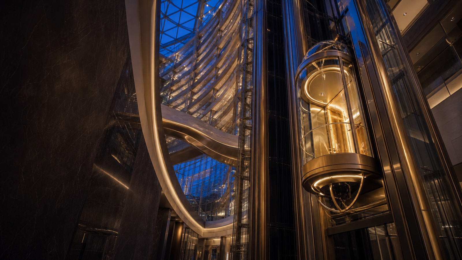 Futuristic glass capsule elevator inside a luxury high-rise atrium