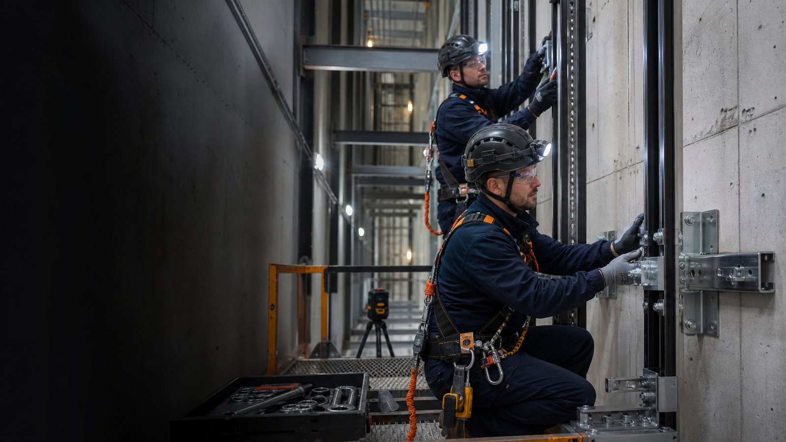 Qualified elevator technicians installing precision equipment inside an elevator shaft