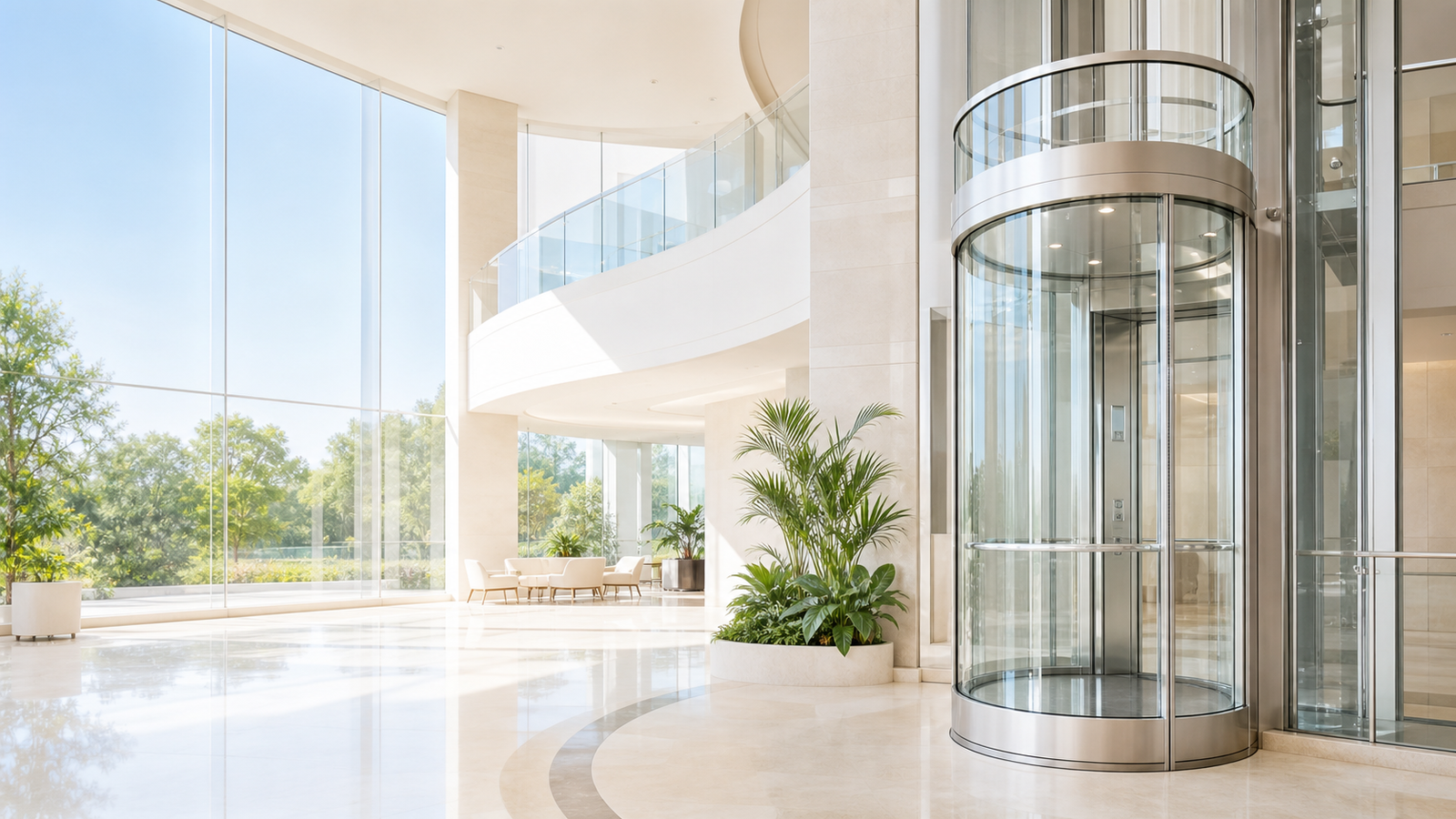 Bright modern atrium with a panoramic glass elevator