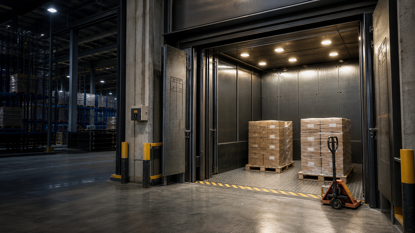 Heavy-duty freight elevator loading industrial pallets inside a warehouse