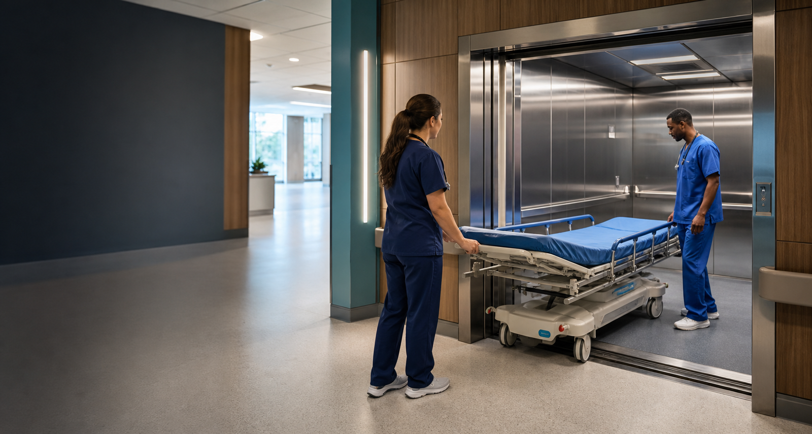 Medical staff guiding a stretcher into a spacious elevator in a modern hospital lobby